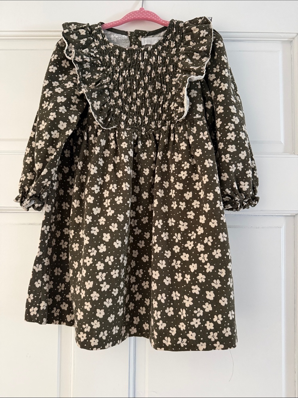 Zara Olive Green Floral Smocked Ruffle Dress